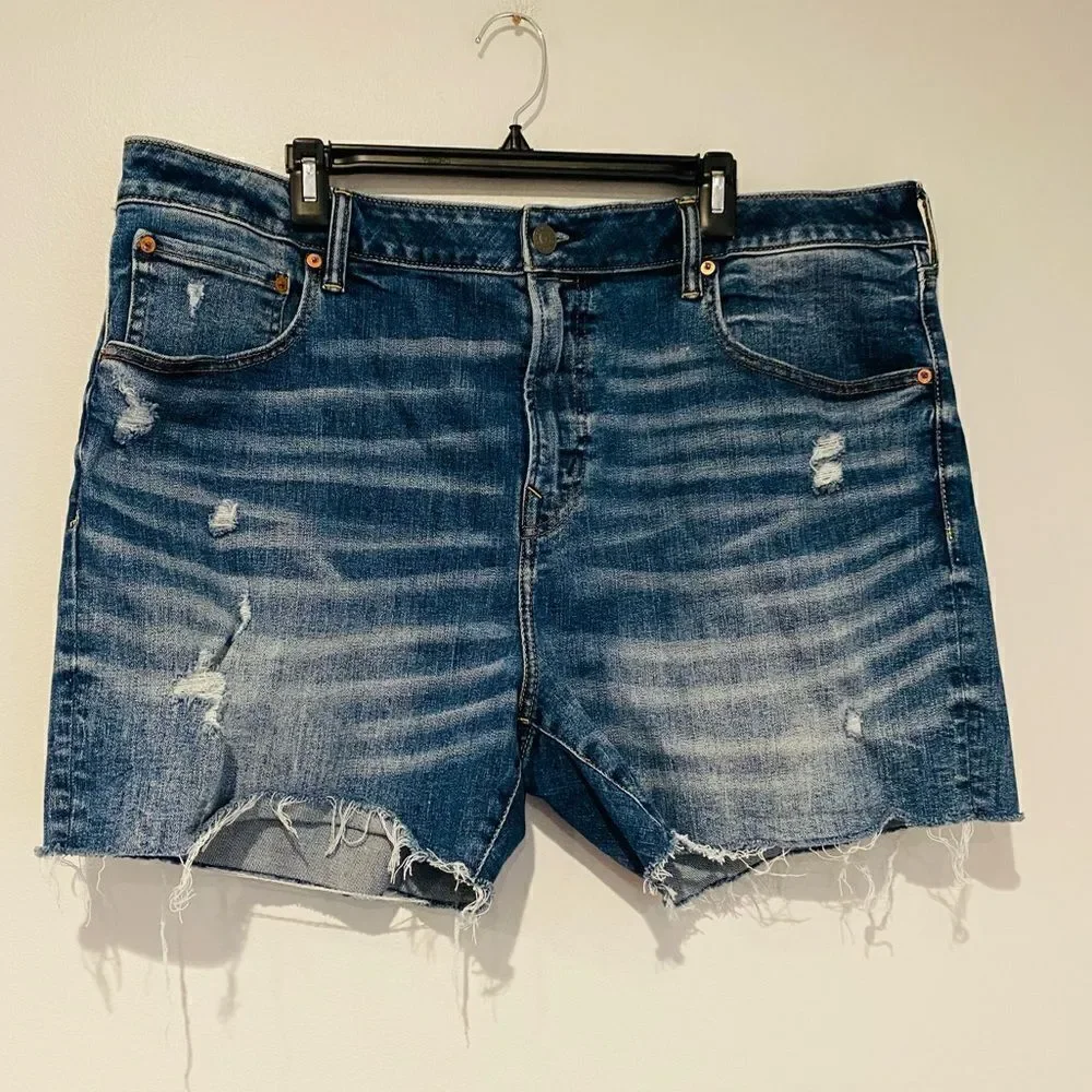AEO Airflex + Distressed Raw Hem Denim Shorts Size 42